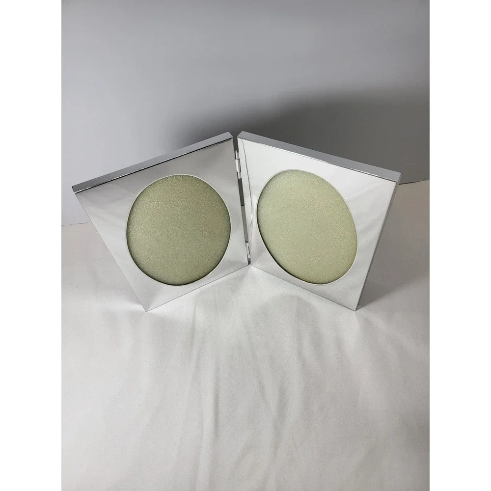 Modern Silver Chrome Double Folding Picture Frame Oval 5x7 Hinged Metal Velvet